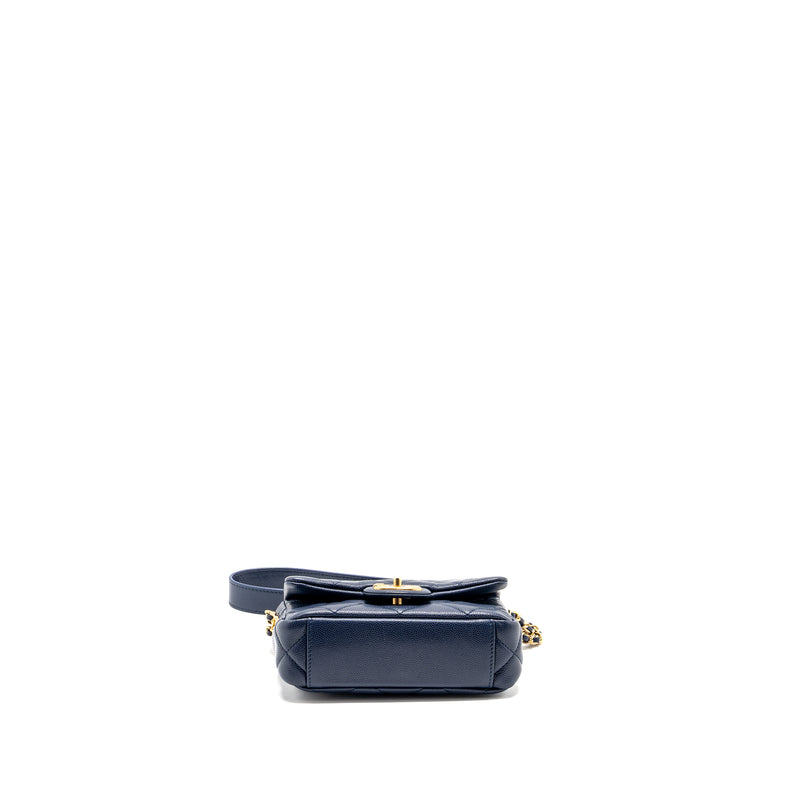 Chanel 22A Button On Chain Mini Square Flap Bag Caviar Navy GHW (Microchip)