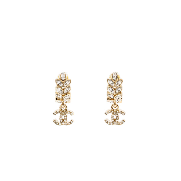 Chanel Sparkling Wheat CC Drop Earrings Crystal Light Gold Tone