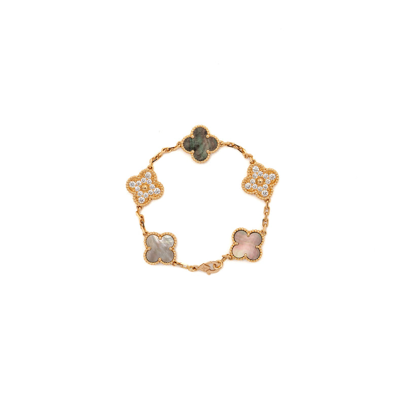 Van Cleef & Arpels Vintage Alhambra Bracelet, 5 Motifs Mother Of Pearl/Rose Gold, Diamonds