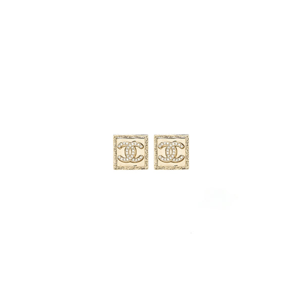 Chanel Square CC logo Earrings Crystal Light Gold Tone