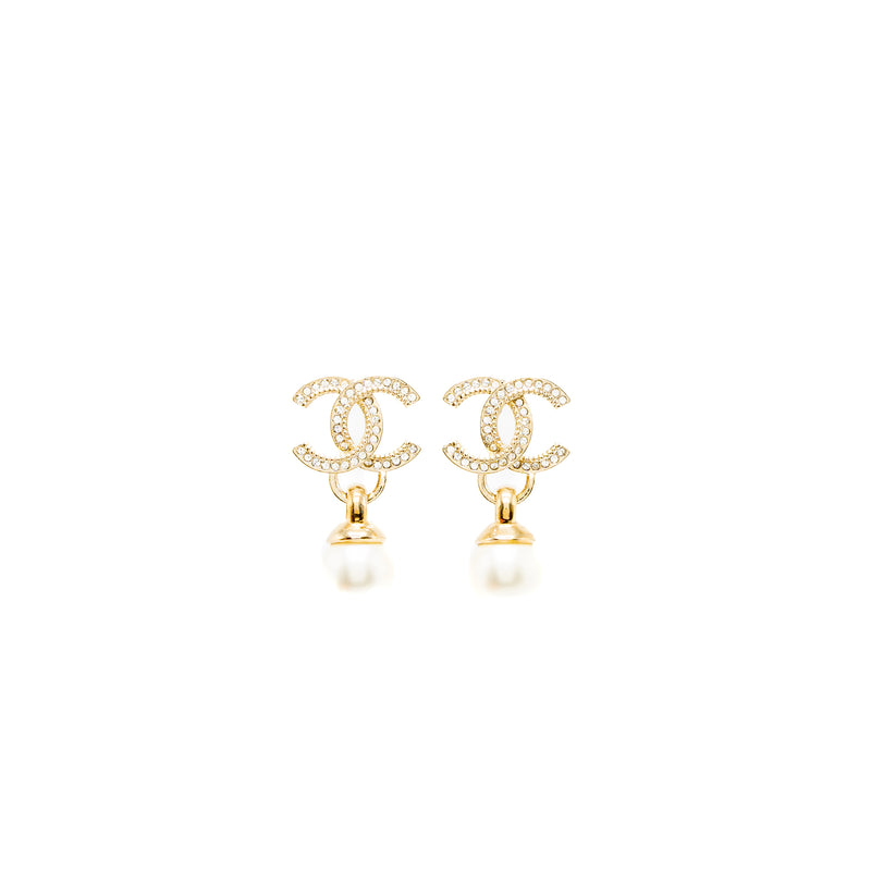 Chanel 22K CC Logo Drop Earrings Crystal/Pearl Light Gold Tone