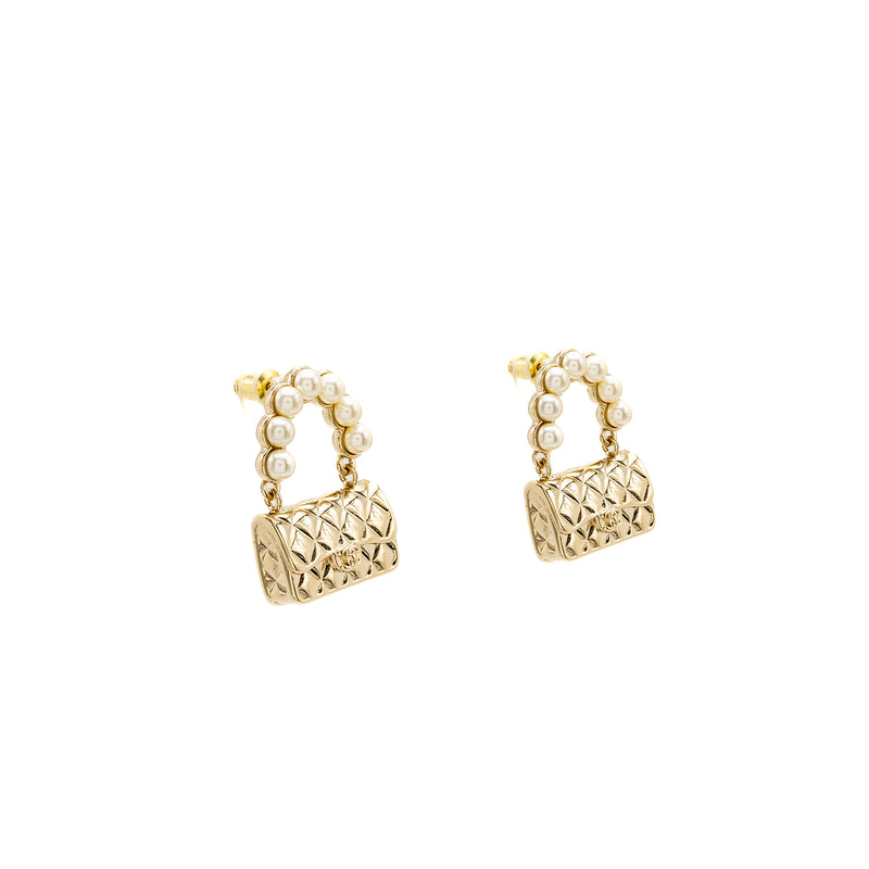 Chanel Flap Bag Dropped Earrings With Pearl Light Gold Tone