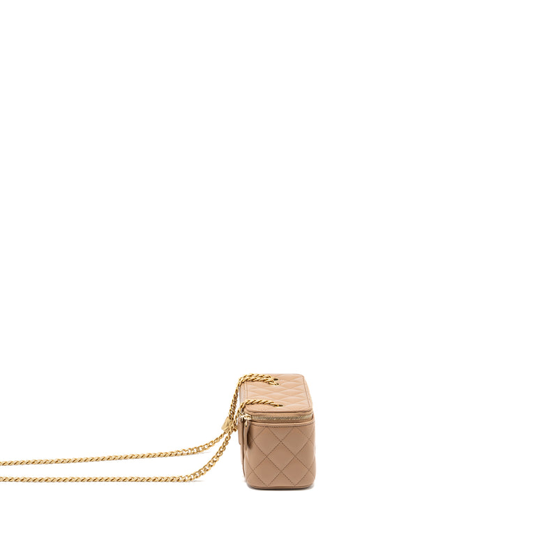Chanel gold pillar long vanity case with adjustable chain lambskin dark beige GHW (microchip)