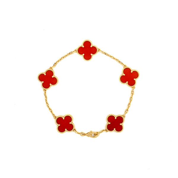 Van Cleef & Arpels Vintage Alhambra Braclet, 5 Motifs Yellow Gold/Carnelian
