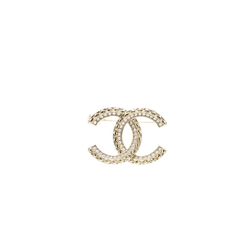 Chanel CC Logo Brooch Crystal Light Gold Tone
