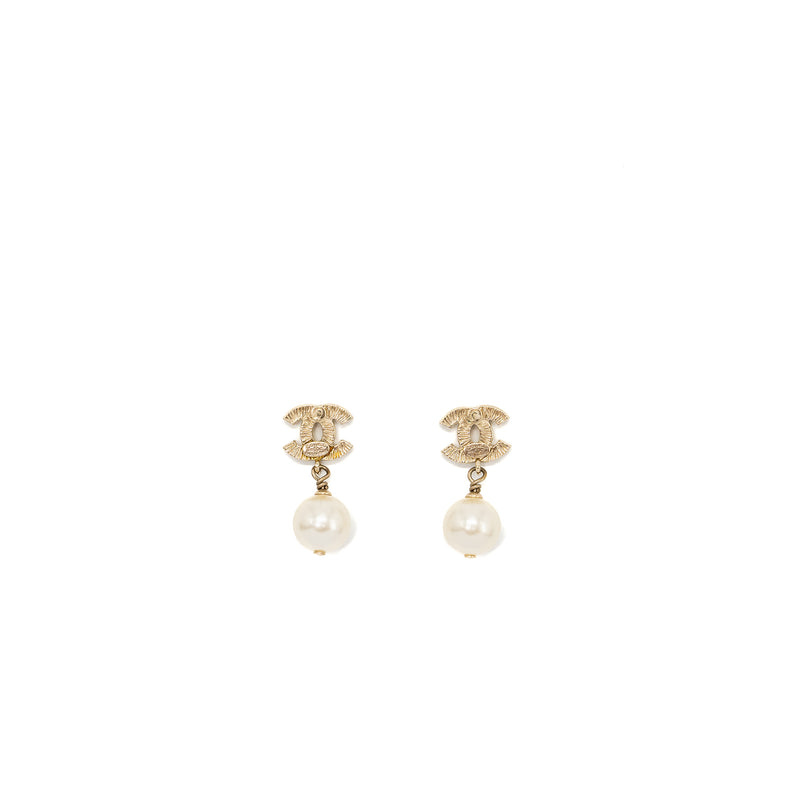 Chanel small model cc logo with pearl drop earrings light gold tone