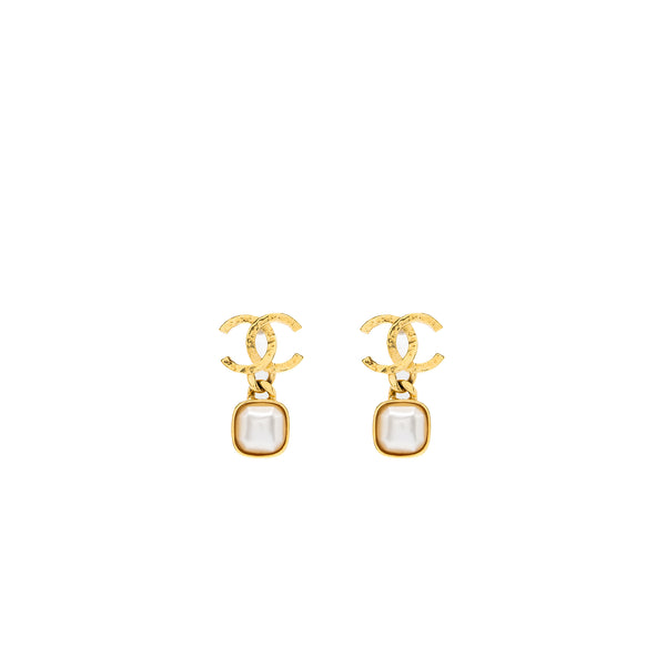 Chanel CC Logo Square Pearl Drop Earrings Gold Tone