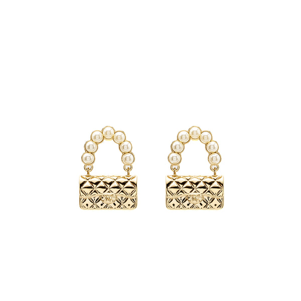 Chanel Flap Bag Dropped Earrings With Pearl Light Gold Tone