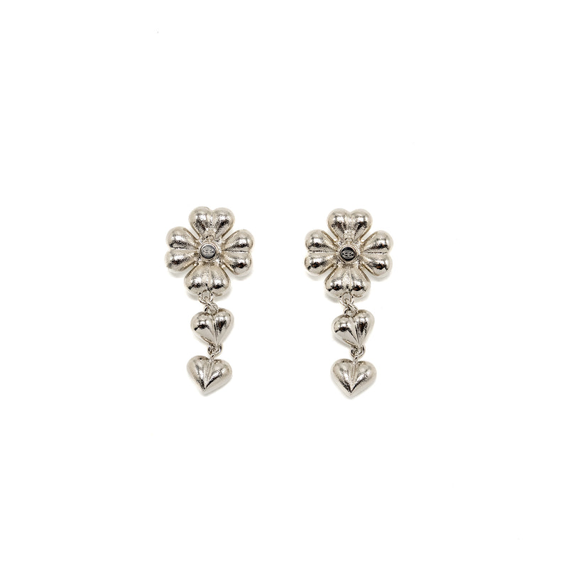 Chanel CC Clover Heart Drop Earrings Crystal Silver Tone