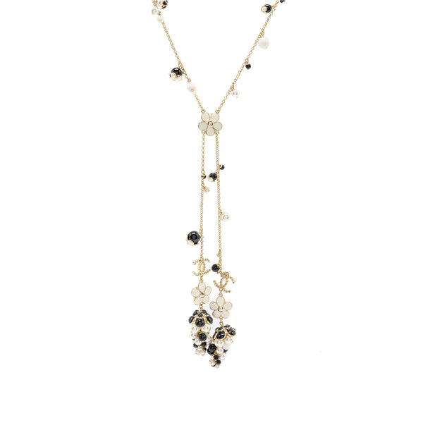 Chanel CC Camellia Grape Long Necklace Pearl/Crystal/Black Beads Light Gold Tone
