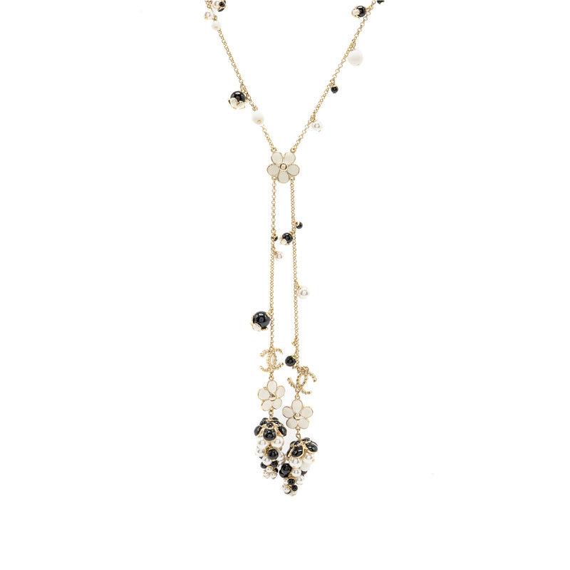 Chanel CC Camellia Grape Long Necklace Pearl/Crystal/Black Beads Light Gold Tone