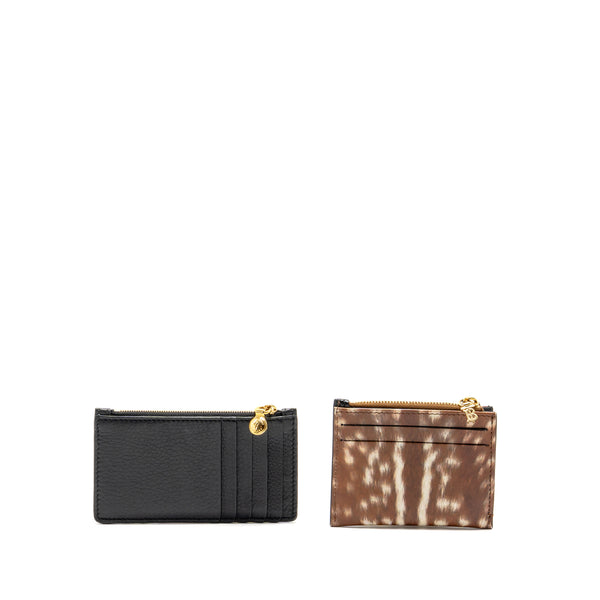 Burberry Brown Deer Print Zip Card Case, Leather Black Zip Card Holder GHW (sell in a set)