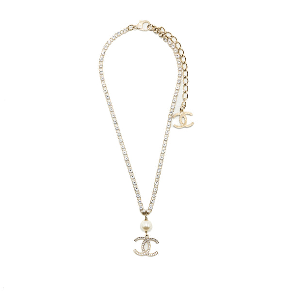 Chanel CC Logo Drop Chocker Crystal/Pearl Light Gold Tone