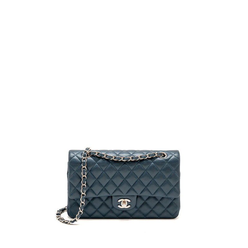 Channel Medium Classic Double Flap Bag Caviar Metallic Dark Blue SHW