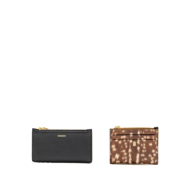 Burberry Brown Deer Print Zip Card Case, Leather Black Zip Card Holder GHW (sell in a set)