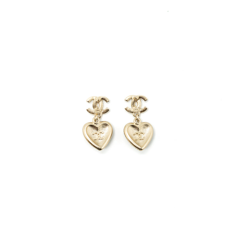 Chanel Heart Dropped CC Logo Earring Crystal Light Gold Tone