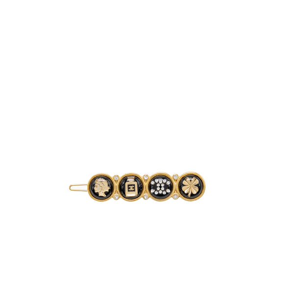 Chanel coco / perfume bottle / CC logo /clover hair clip black gold tone