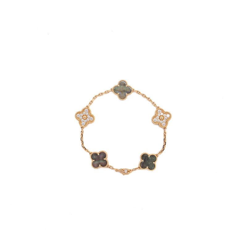Van Cleef & Arpels Vintage Alhambra Bracelet, 5 Motifs Mother of Pearl/Rose Gold, Diamonds