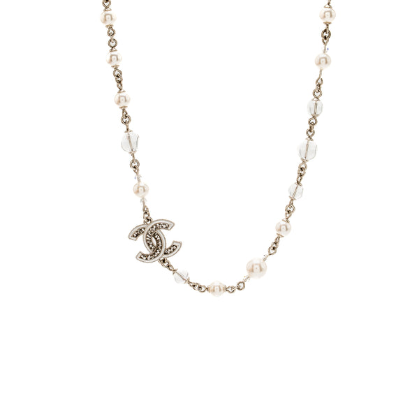 Chanel CC Logo Necklace Metal, Pearl, Crystal Silver Tone