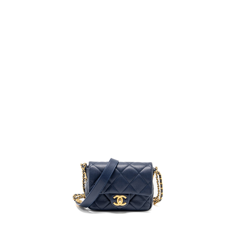 Chanel 22A Button On Chain Mini Square Flap Bag Caviar Navy GHW (Microchip)