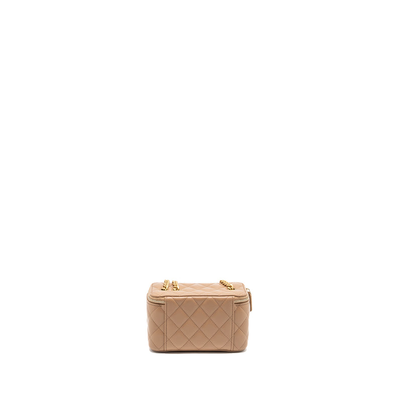 Chanel gold pillar long vanity case with adjustable chain lambskin dark beige GHW (microchip)