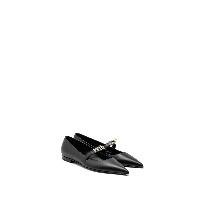 Hermes Size 37 Kelly Ballet Flat Calfskin Black SHW