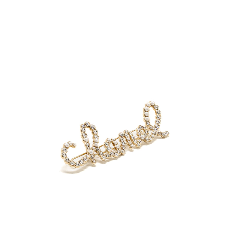 Chanel Letter Hair Clip Crystal/Pearl Light Gold Tone