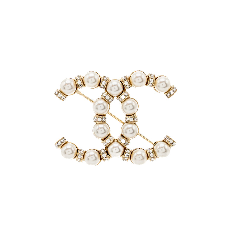 Chanel CC Brooch Pearl/Crystal Light Gold Tone