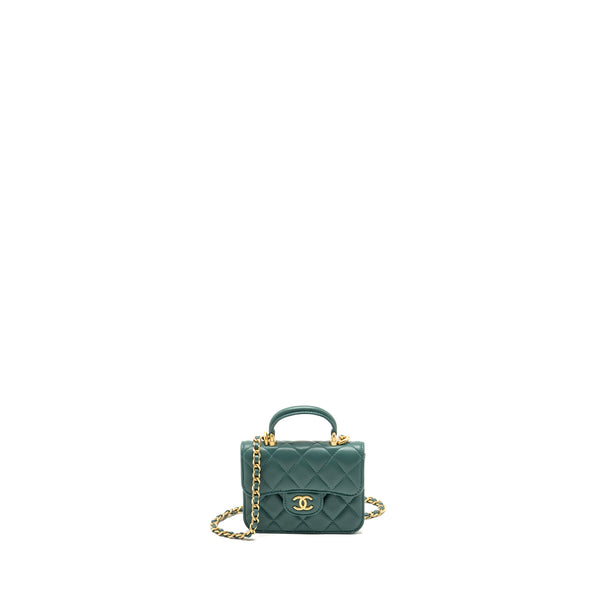 Chanel top handle mini flap bag with chain lambskin green GHW