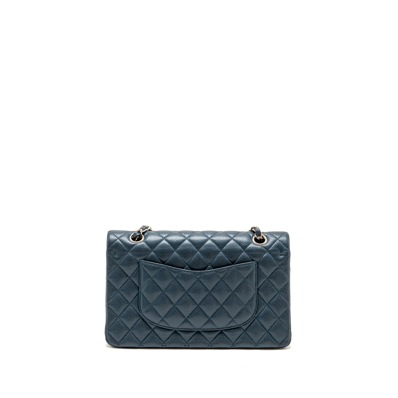 Channel Medium Classic Double Flap Bag Caviar Metallic Dark Blue SHW