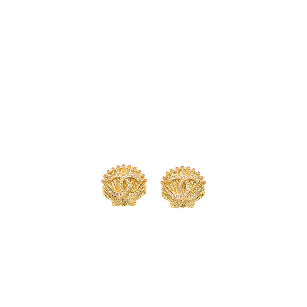 Chanel Shell CC Logo Earrings Crystal Gold Tone