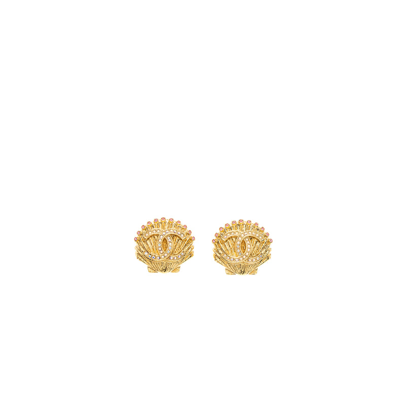 Chanel Shell CC Logo Earrings Crystal Gold Tone