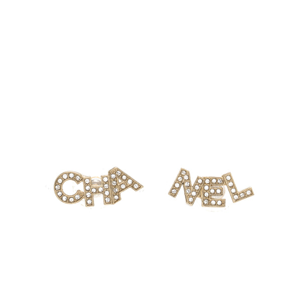 Chanel CHA-NEL Letter Logo Earrings Crystals Light Gold Tone