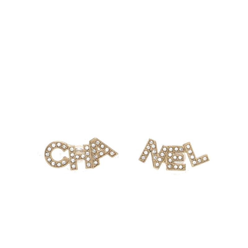 Chanel CHA-NEL Letter Logo Earrings Crystals Light Gold Tone