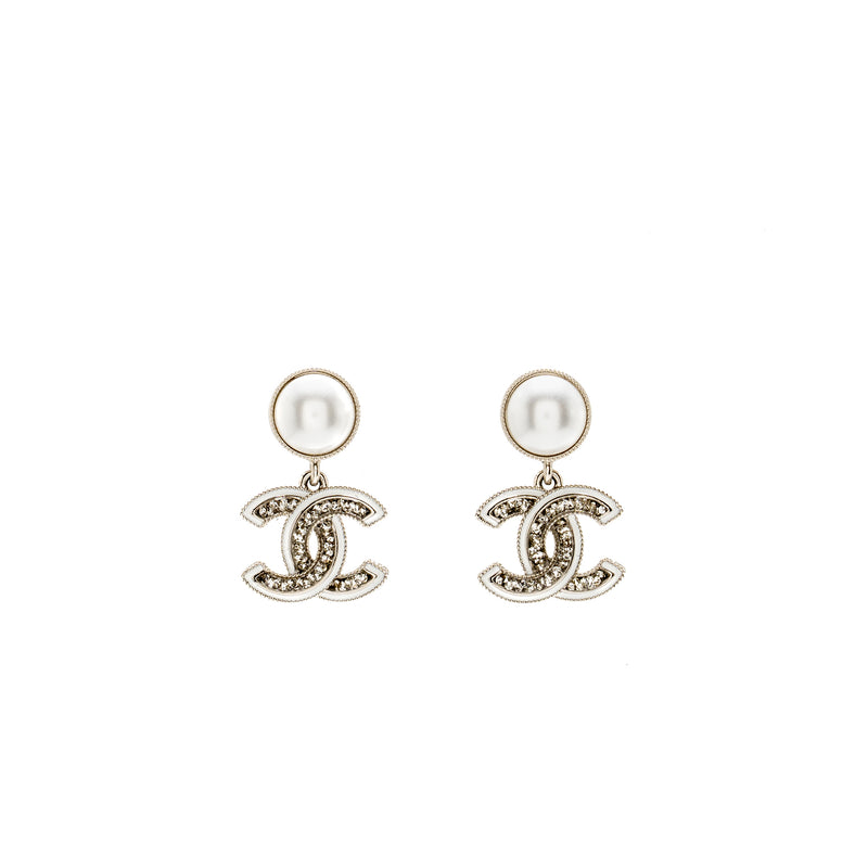 Chanel CC Drop Earrings Pearl/Crystal Silver Tone