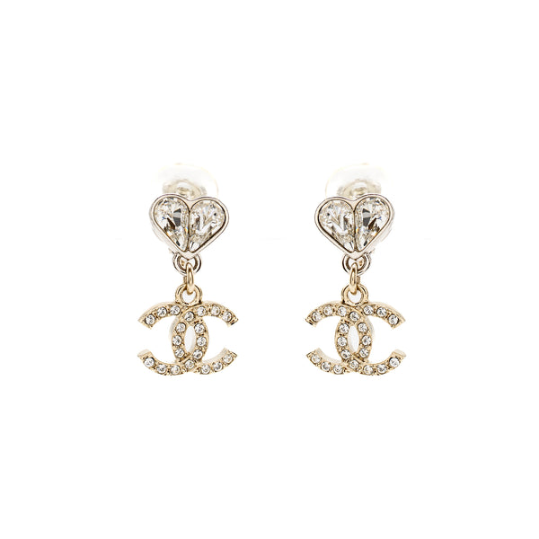 Chanel Crystal Heart CC logo Dropped Ear Clips Silver Tone