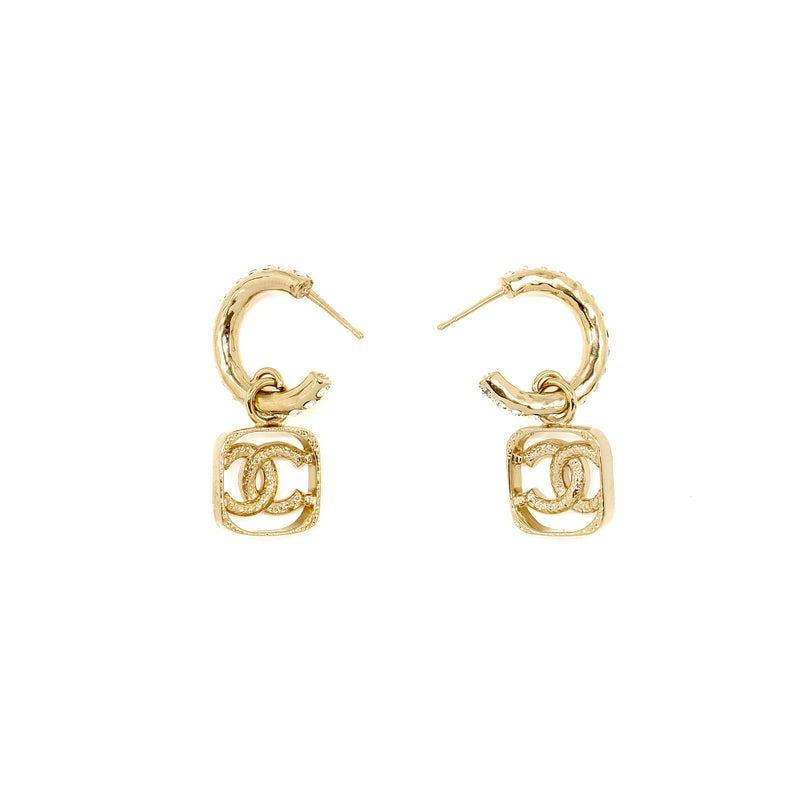 Chanel Square CC Logo Dropped Earrings Crystal Light Gold Tone