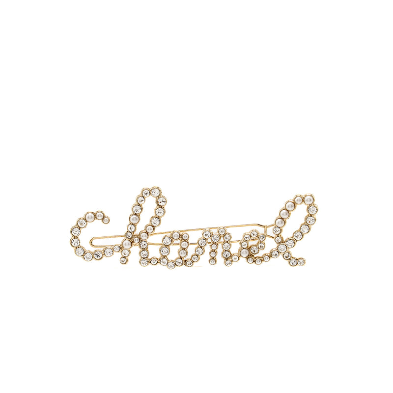 Chanel Letter Hair Clip Crystal/Pearl Light Gold Tone