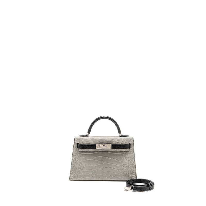Hermes Mini Kelly II alligator mississippiensis Matt gris perle / black SHW stamp W