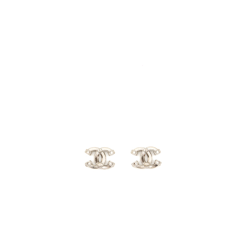 Chanel Knot CC Logo Earrings Crystal Silver Tone
