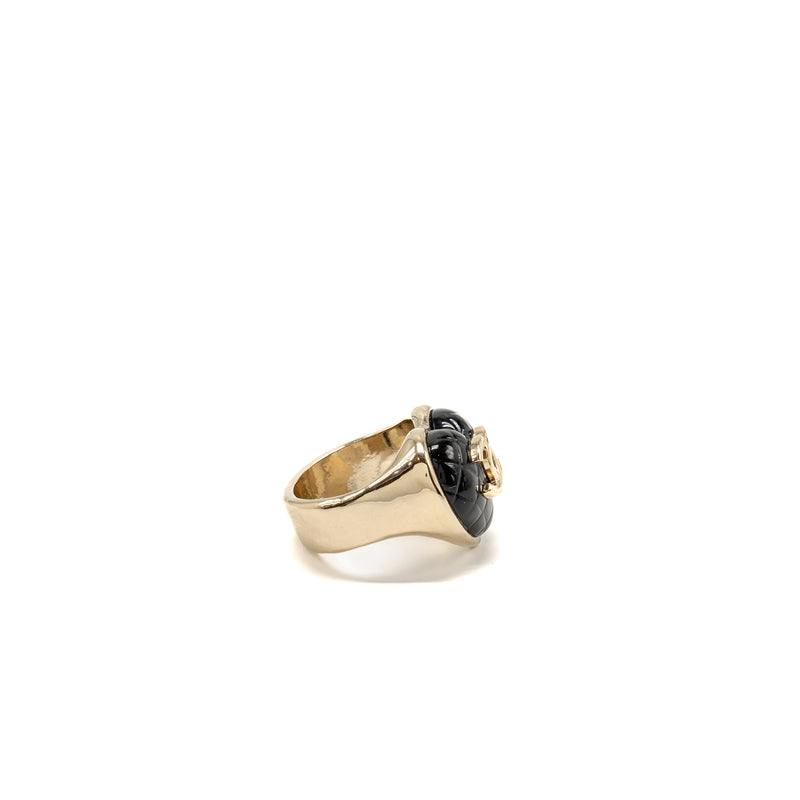 Chanel Size 53 22K CC Heart Ring Black Light Gold Tone