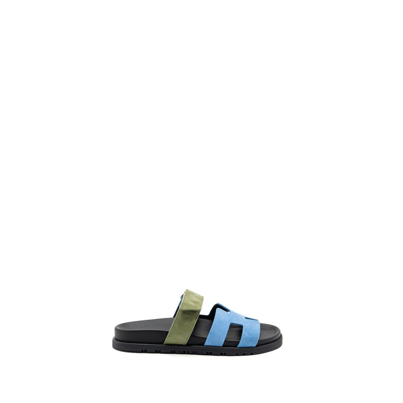 HERMES Size 37 chypre sandals chèvre velours bleu cameo / vert celadon