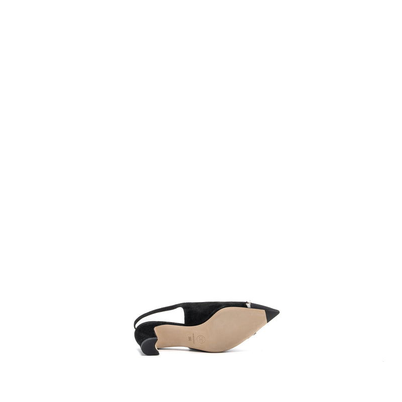 CHANEL SIZE 36 SLINGS SHOES Suede Calfskin/ Grosgrain Metal Black and Light Grey