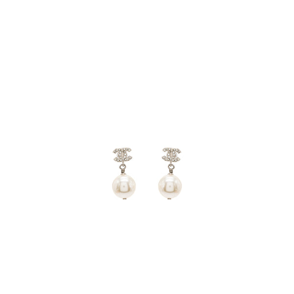 Chanel CC Logo Pearl Dropped Earrings Silver Tone