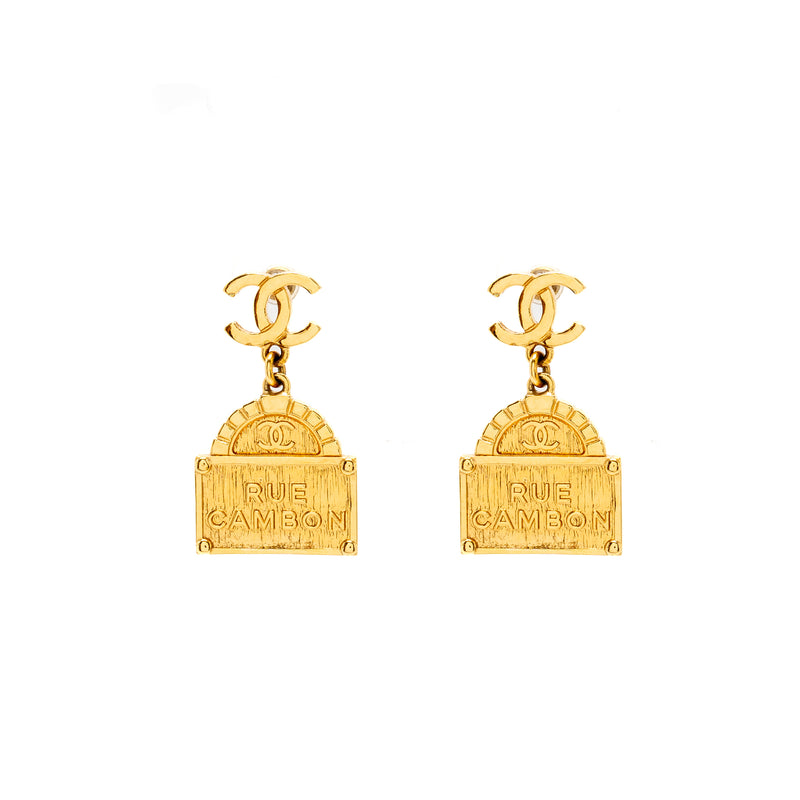 Chanel CC Logo Rue Cambon Drop Earrings Gold Tone