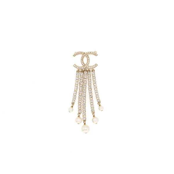 Chanel cc logo with drop chains brooch crystal gold tone