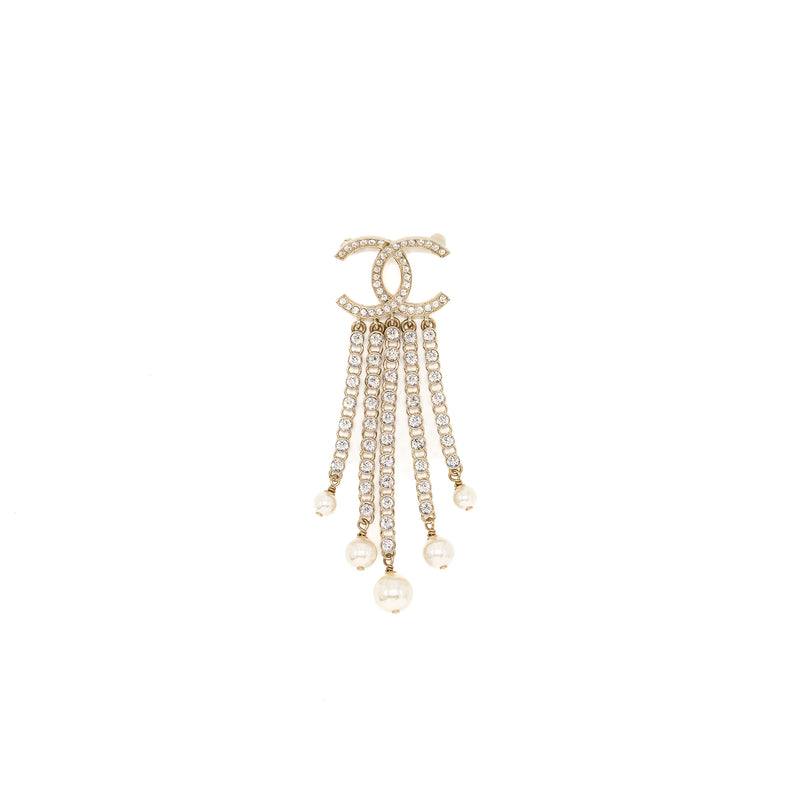 Chanel CC logo with crystal dropping brooch light gold tone