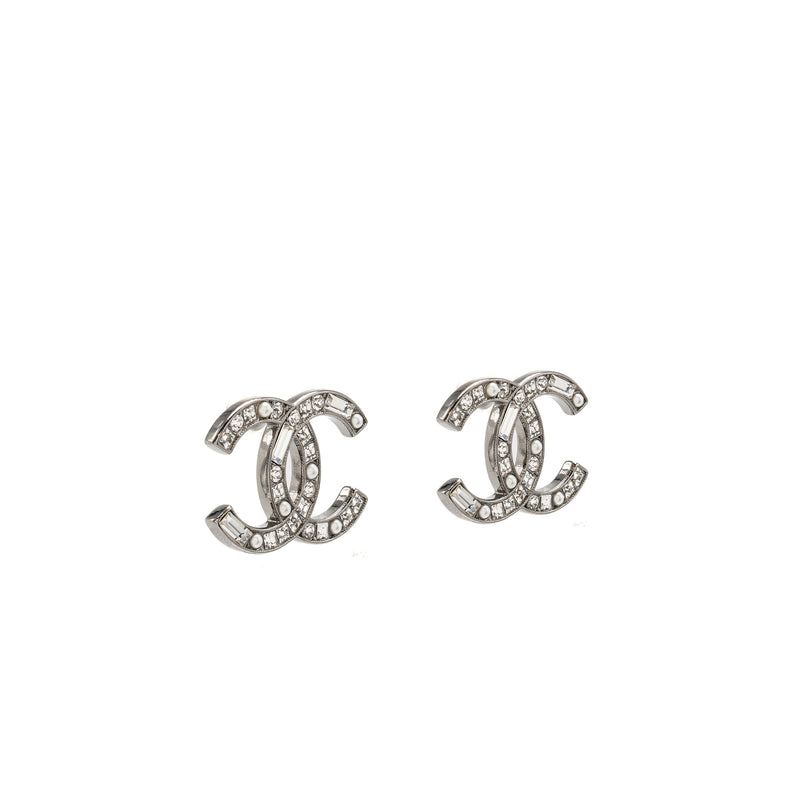 Chanel CC Earrings Crystal/Pearl Silver Tone