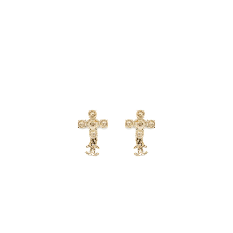 Chanel Cross earrings with CC Logo dropped, Crystal/ pearl Gold Tone