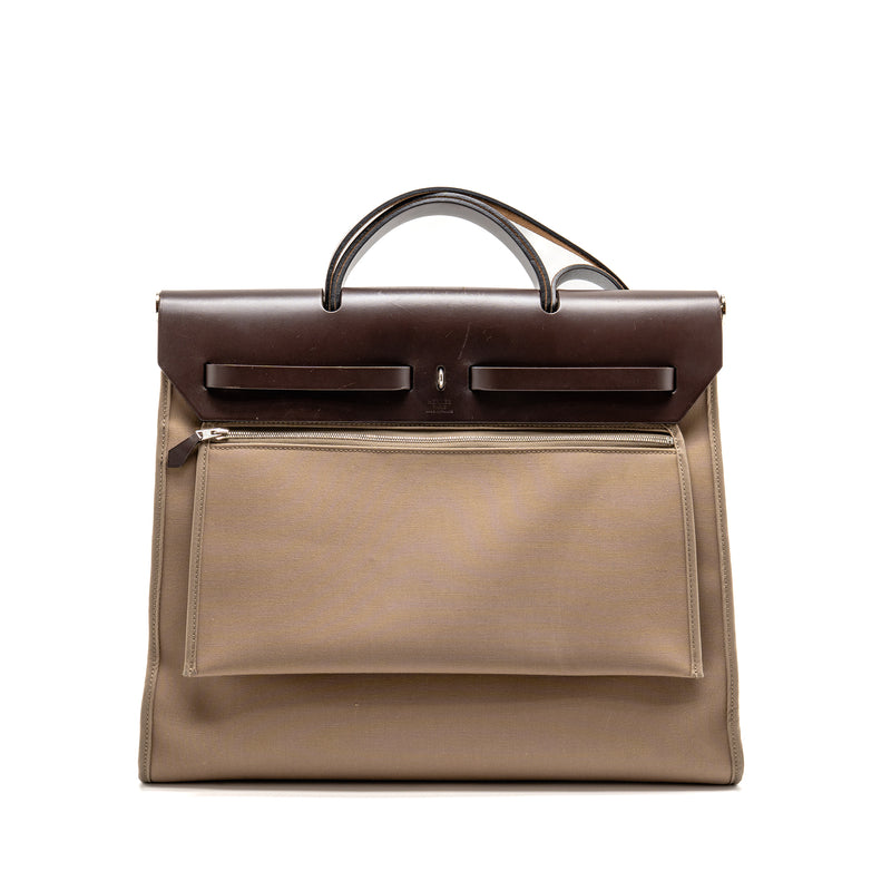Hermes Herbag Zip 39 Canvas/Hunter Leather Etoupe/Ebene SHW Stamp X